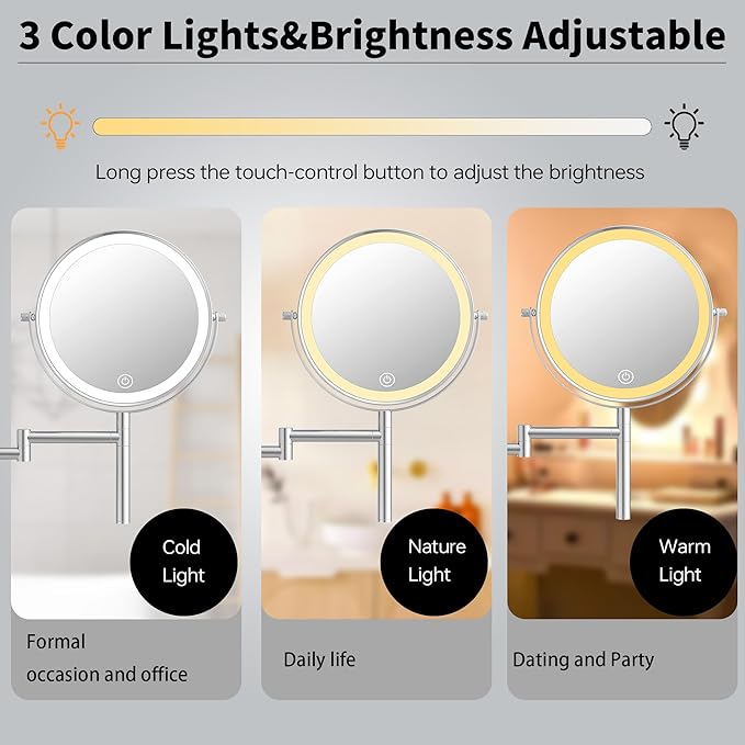 8" Wall Mounted Makeup Mirror with Handle, 3 Color Lights Dimmable and 1X/10X Magnification, Rechargeable Bathroom Wall Mount Magnifying Mirror with Extension Arm Height Adjustable Chrome