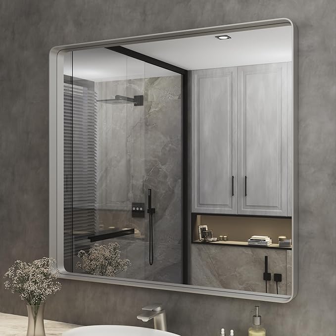 ISKM Silver Framed Mirror for Wal Bathroom Mirror for Wall 40" x 36" Matte Framed Vanity Mirror, Shatter-Proof, Tempered Glass, Rounded Rectangle Mirror(Horizontal/Vertical)