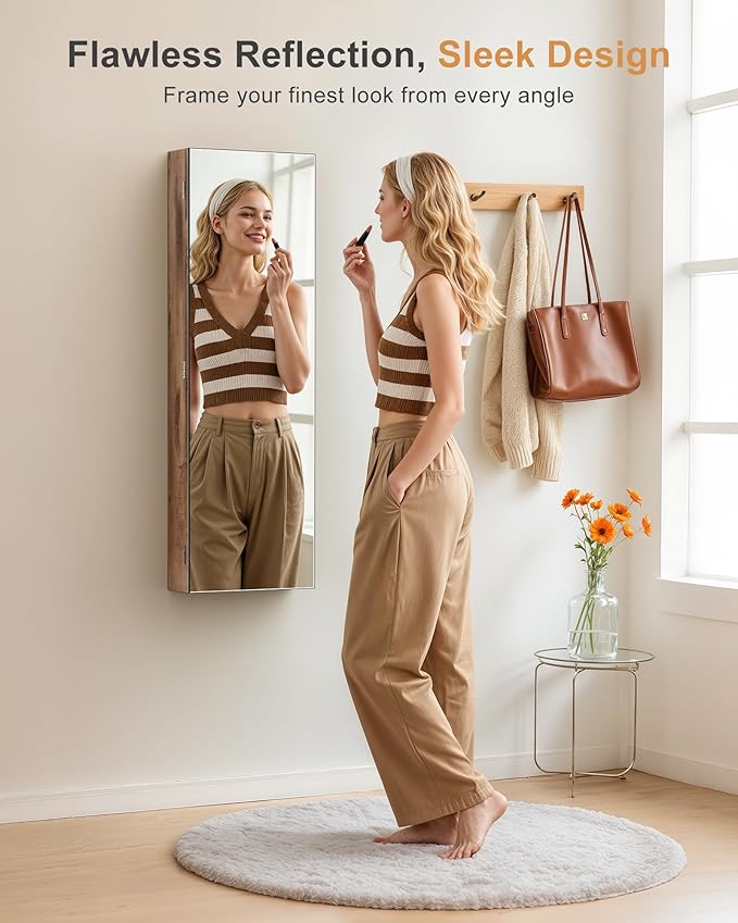 Nicetree Mirror Jewelry Cabinet, Jewelry Armoire with Full Length Mirror,Mirror with Jewelry Storage Wall/Door Mounted, Lockable Jewelry Armoire Organizer,Toasted Oak