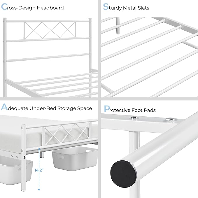 Yaheetech Twin Size Metal Platform Bed Frame with Simple Headboard and Footboard, Mattress Foundation for Under Bed Storage, Steel Slat Support, No Box Spring Needed, Easy Assembly, White