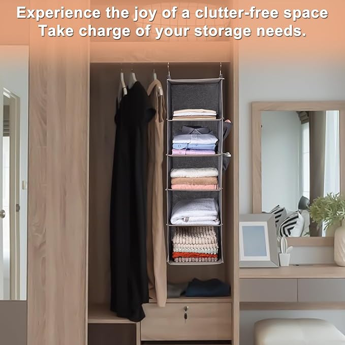 BOOMIBOO Hanging Closet Organize and Shelves，5-Hanging Shelf with 2 Side Pockets，Storage Foldable （2 Pack ，Beige）