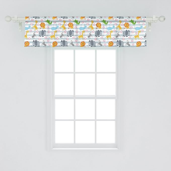 Ambesonne Savannah Window Valance, Friendly Zoo Animals with Happy Faces Cartoon Characters on Stripes Print, Curtain Valance for Kitchen Bedroom Decor with Rod Pocket, 54" X 12", Pale Azure Blue