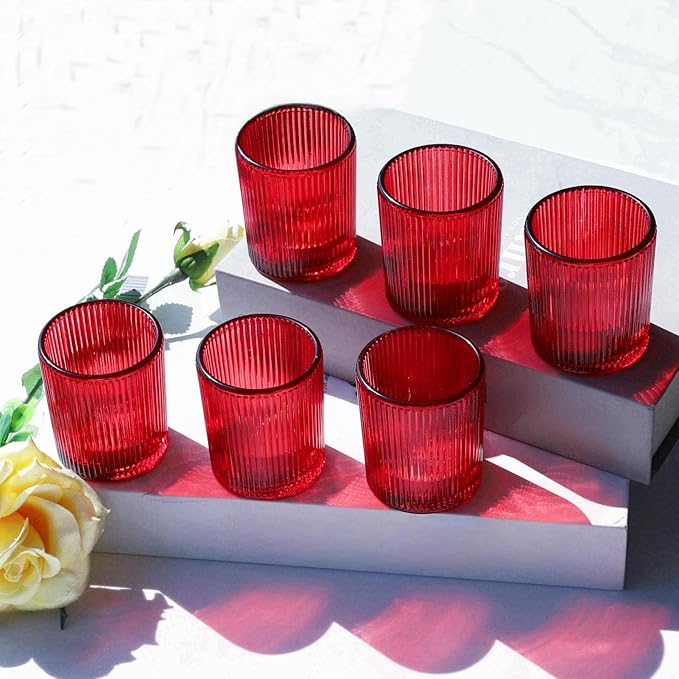 VOHO 24pcs Red Votive Candle Holders for Table Centerpiece, Ribbed Tealight Candle Holder for Christmas & Valentine's Day Decor, Vintage Glass Votive Holder for Gifts