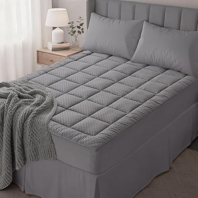 OLANLY Queen Quilted Fitted Mattress Pad – Soft Down Alternative Pillow Top Mattress Topper, Cooling Comfort Breathable Mattress Cover, Machine Washable Deep Pocket Mattress Protector, Dark Grey