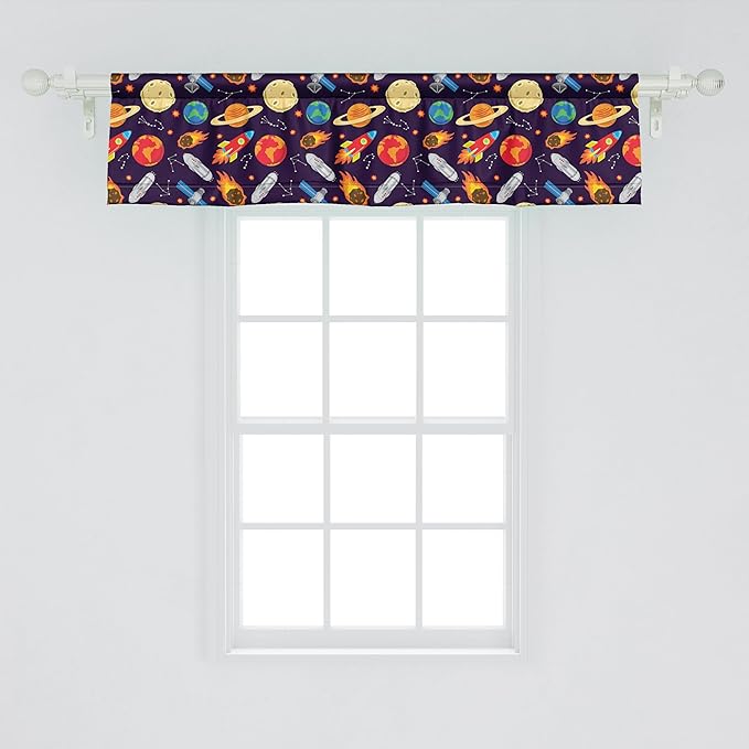 Ambesonne Space Window Valance, Universe Themed Illustration with Earth Moon Constellations Saturn Rockets Stars, Curtain Valance for Kitchen Bedroom Decor with Rod Pocket, 42" x 12", Dark Night Blue