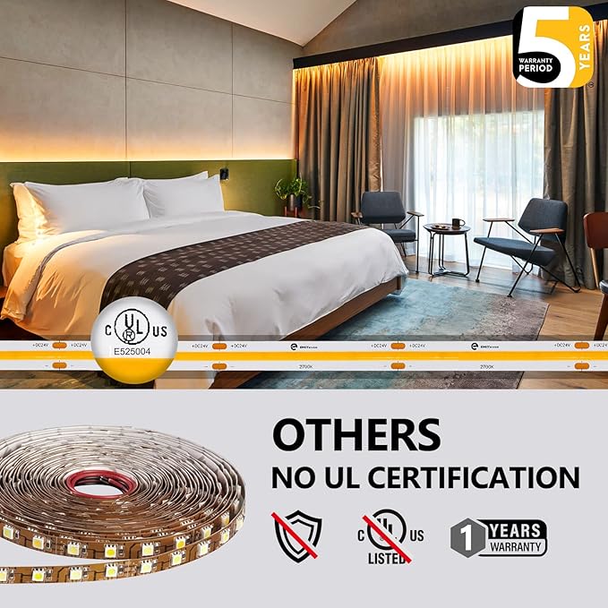 EMITEVER COB LED Strip Lights Warm White, 24V 2700K Tape Light Premium High Density 25ft, 300+Lumens/ft, 3600LEDs/Spool, Ra 90+, 3W/ft, UL Listed 5 Year Warranty (Power Supply Sold Separately)