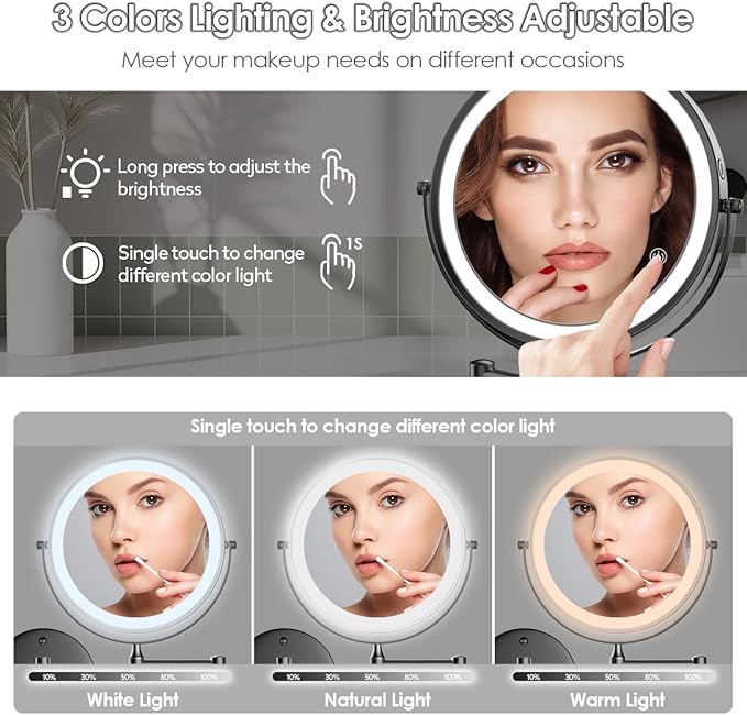 Rocollos Rechargeable Wall Mounted Lighted Makeup Mirror, 8 Inch Double-Sided LED Vanity Mirror 1X/10X Magnification,3 Color Lights Touch Screen Dimmable 360°Swivel 13 Inch Extendable