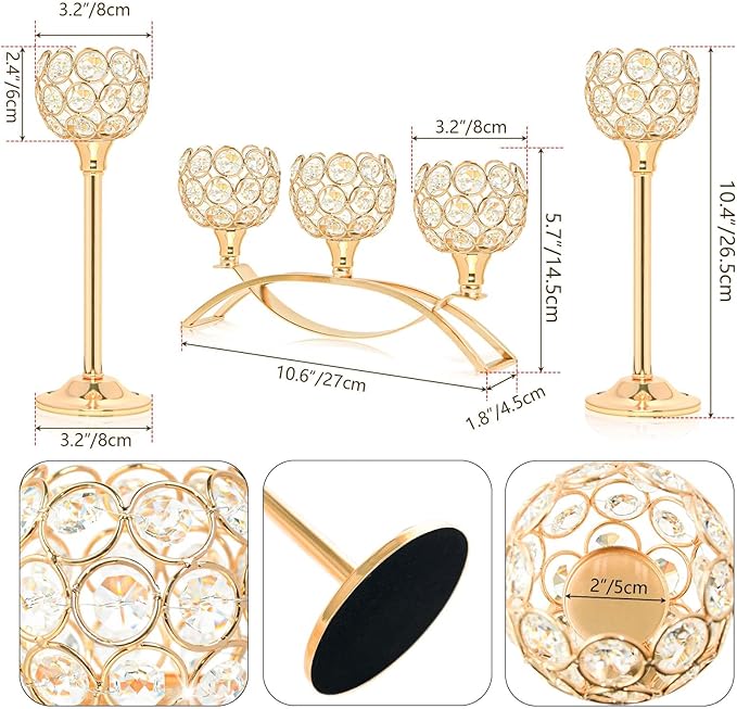 Crystal Tealight Candle Holder Centerpiece Home Decorative Candlestick Holder Elegant Table Centerpiece Home Decor Wedding Party Anniversary (Gold, Set of 3)