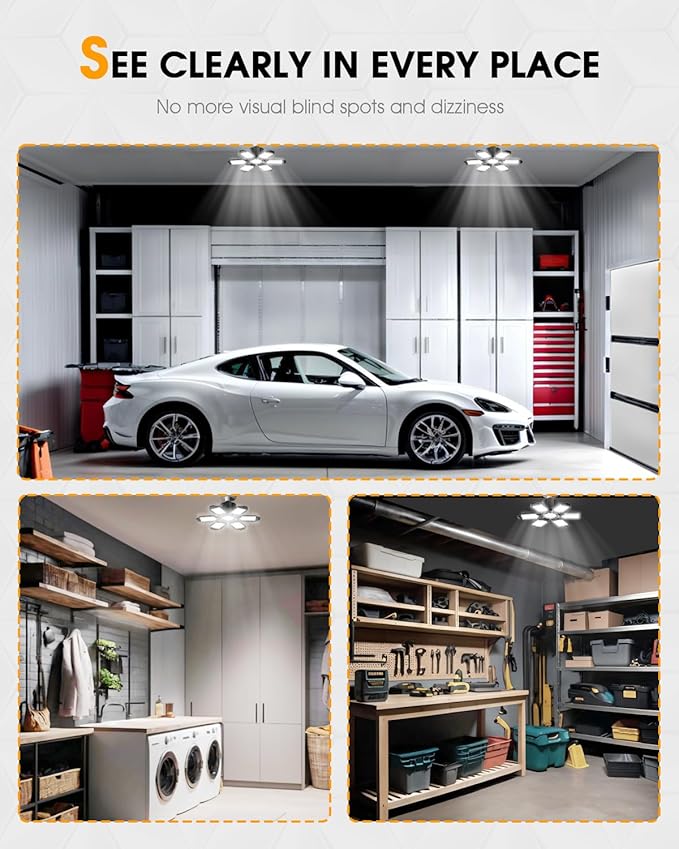 Adiding LED Garage Light, Bright 10000 Lumen LED Workshop Basement Lighting Fixture with Adjustable Spotlight and 6 Deformable Panels fit for E26 E27 Bulb Socket for Warehouse Attic Cellar Workspace