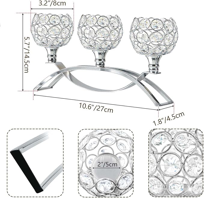 Crystal Tealight Candle Holder Centerpiece Home Decorative Candlestick Holder Elegant Table Centerpiece Home Decor Wedding Party Anniversary (Silver, 3 Arm of 4 Pcs)