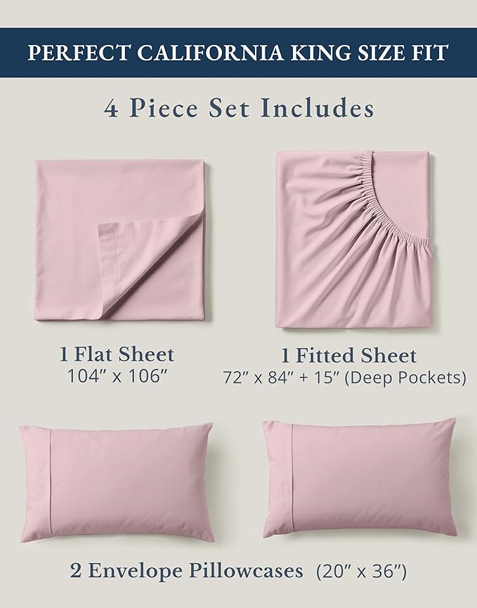 LANE LINEN 100% Organic Cotton Fully Elasticized California King Sheet Set, Low Pilling Fade Resistant Machine Washable Naturally Cooling Mercerized Soft & Comfy Cotton Sheets – Sepia Rose