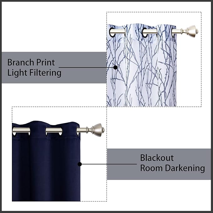 BONZER Mix and Match Curtains - 2 Pieces Branch Print Sheer Curtains and 2 Pieces Blackout Curtains for Bedroom Living Room Grommet Window Drapes, 54x95 Inch/Panel, Indigo, Set of 4 Panels