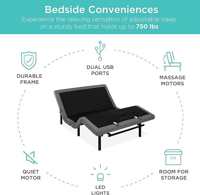 Best Choice Products Ergonomic Queen Size Adjustable Bed Frame, Electric Base w/Wireless Remote Control, Nightlight, Massager, 2 USB Ports