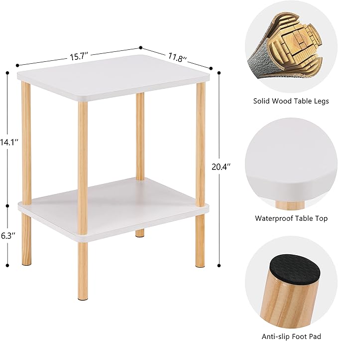 Apicizon 2 Tier End Table Set of 2, Small Side Table with Solid Wood Legs, Boho Bedside Table with Storage Shelf, Nightstand for Small Spaces, Bedroom, Living Room, Entryway, White+Natural