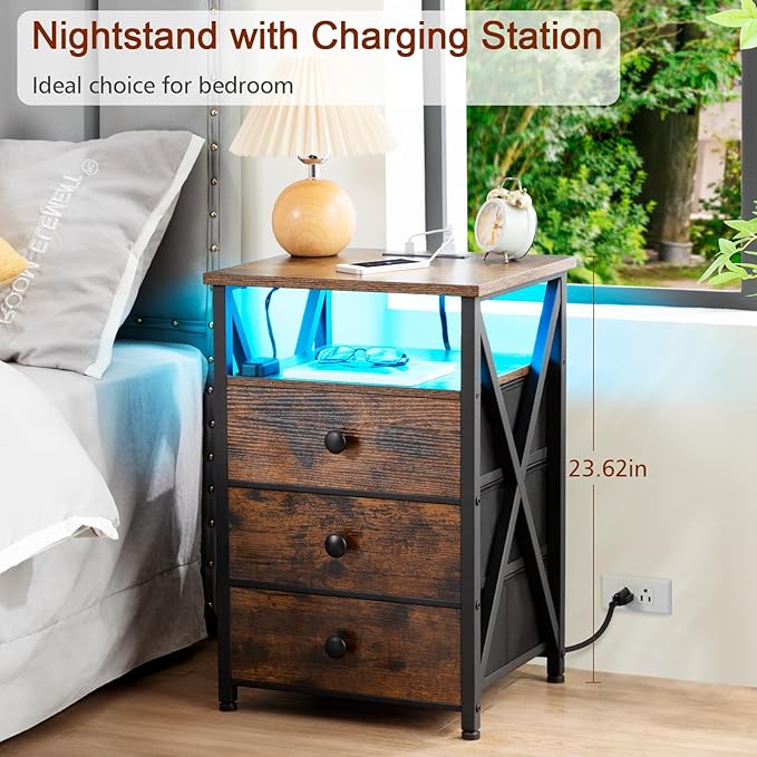 AMHANCIBLE LED Nightstand with Charging Station, Smart End Side Table with USB Port & Power Outlet, Bedside Table with Fabric Drawers for Bedroom, Living Room, Rustic Brown, HET053LBR-1