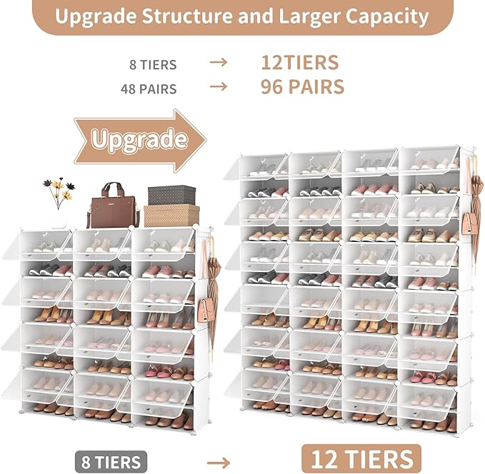 ROJASOP Shoe Storage Cabinet, 12-Tier Shoe Organizer 96 Pairs Extra Large Plastic Shoe Rack with Covers Portable Shoe Rack Organizer with Doors Big Shoe Rack for Closet Entryway Bedroom