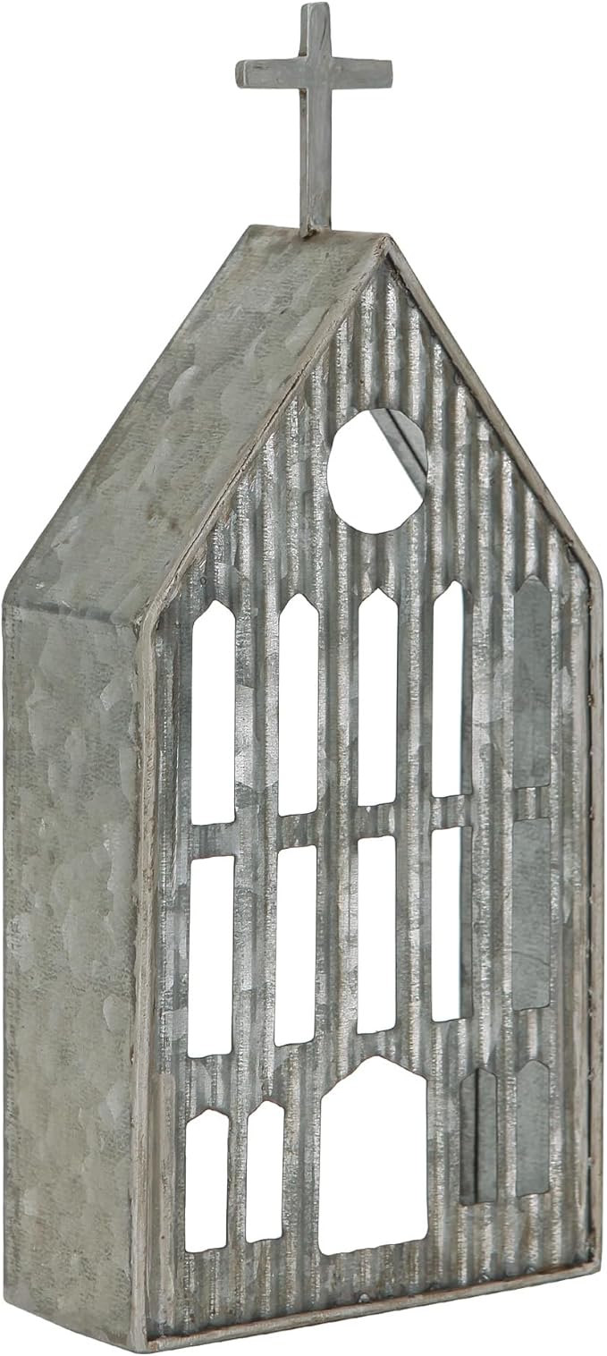 Church Shaped Tea Light Candle Holder Farmhouse Galvanized Metal Candle Holder Vintage Decorative Tealight Holder for Table Centerpiece Decoration - 4.53" x 1.97" x 10.43"