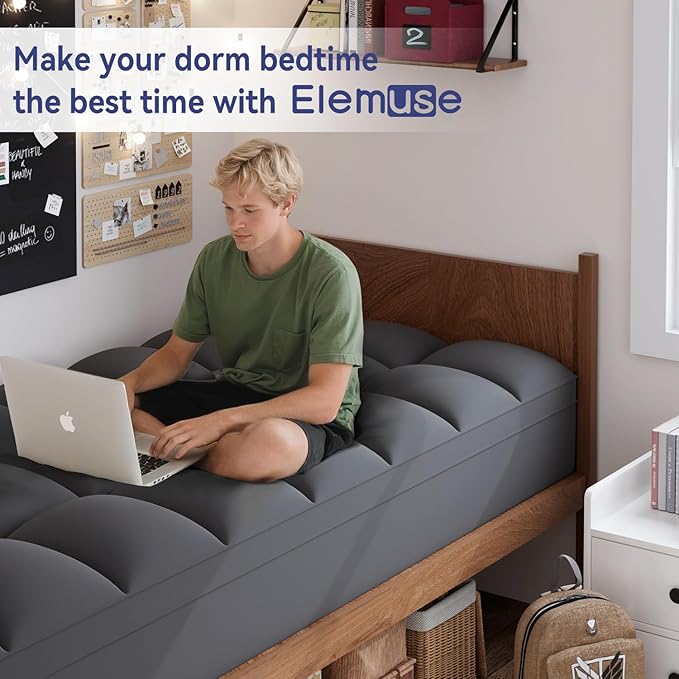 ELEMUSE Twin XL Grey Mattress Topper for College Dorm, Extra Long Twin Mattress Pad Cover for Back Pain, Plush Soft Pillowtop with Elastic Deep Pocket, Overfilled Down Alternative Filling