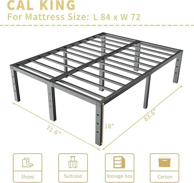 ALDRICH 18 Inch Metal California King Size Bed Frame - Black Basic Steel Slats Cali Platform, Easy Assembly Heavy Duty Noise Free Cal Bedframes, No Box Spring Needed
