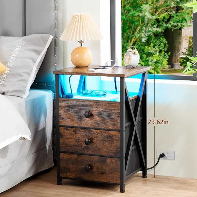 AMHANCIBLE LED Nightstand with Charging Station, Smart End Side Table with USB Port & Power Outlet, Bedside Table with Fabric Drawers for Bedroom, Living Room, Rustic Brown, HET053LBR-1