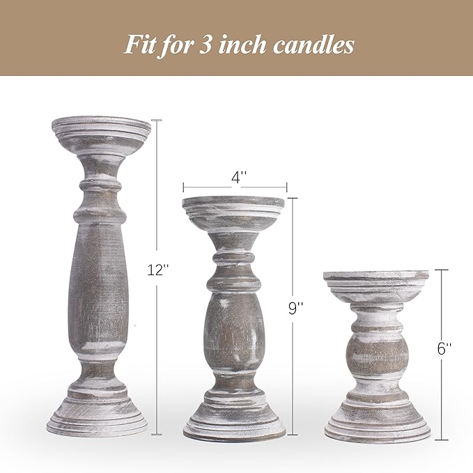Rustic Wooden Pillar Candle Holders Set of 3, 12'' 9'' 6'' Farmhouse Wood Candle Stand for Table Centerpieces, Vintage Tall Candleholders Fireplace Mantel Decor for Living Room, Grey