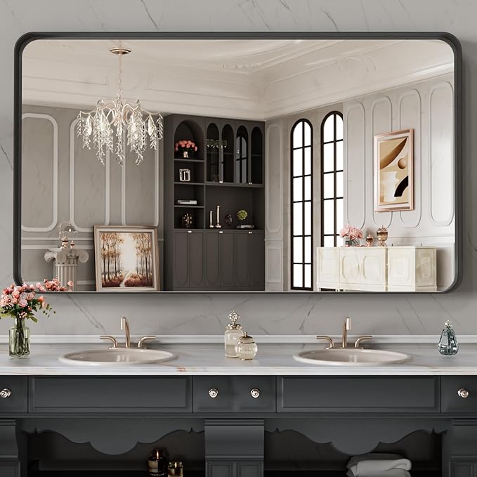 LOAAO 48X28 Inch Black Metal Framed Bathroom Mirror for Wall, Matte Black Bathroom Vanity Mirror Farmhouse, Anti-Rust, Tempered Glass, Hangs Horizontally or Vertically
