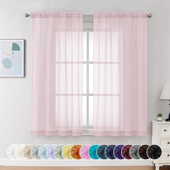 Chyhomenyc Sheer Curtains 63 Inch Length 2 Panels, Light Filtering Rod Pocket Window Sheer Curtain Drapes for Bedroom Living Room, 42Wx63L, 2 Panels, Blush Pink