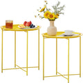 VECELO Side/End Table, Folding Round Metal Anti-Rust and Waterproof Outdoor or Indoor Tray for Living Room Bedroom Balcony and Office, 2 PCS, Yellow