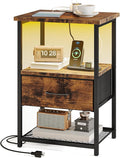 Fixwal Night Stand with Charging Station, LED Nightstand with Fabric Drawers, End Table with PU Finish, Bedside Table, Rustic Brown