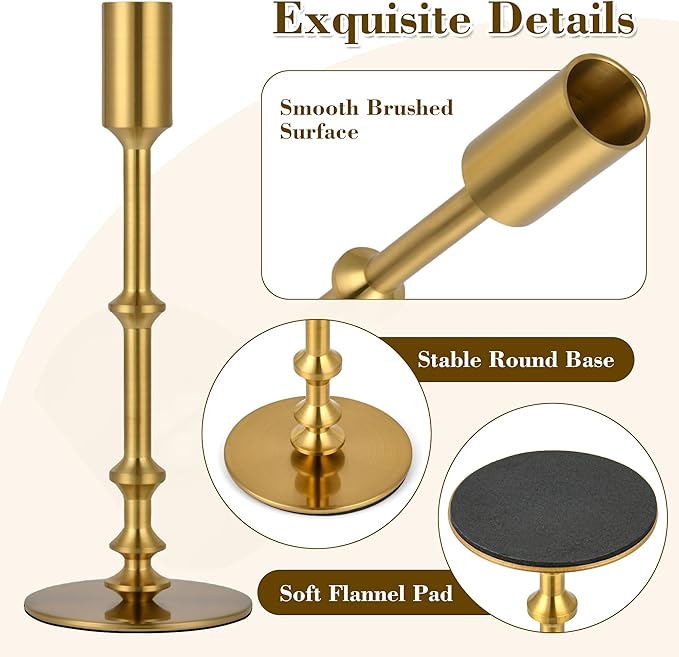 Candlestick Holders for Taper Candles, Brushed Brass Gold Candle Stick Holders Decor, Taper Candle Holder Set for Table Mantel Wedding Dinning Anniversary