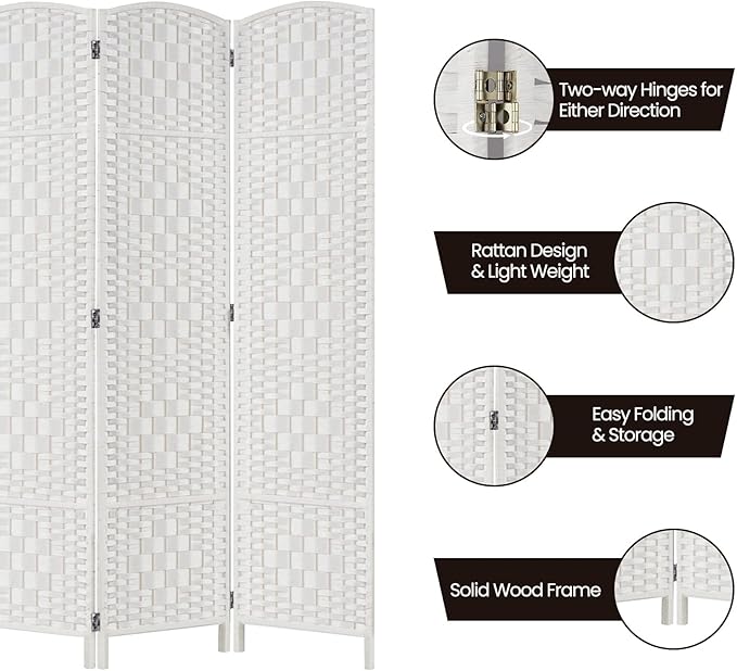 Rose Home Fashion Room Divider, 6 ft Tall Room Dividers and Folding Privacy Screens, 16in Privacy Screen 4 Panel White Space Temporary Wall Foldable Partition Separation