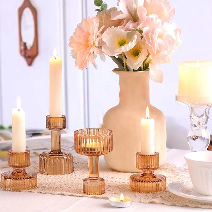 Candlestick Holders Bulk, 6 Pcs Amber Combination Candle Holders Set, Crystal Candle Holders for Wedding, Table Centerpiece, Home Decoration