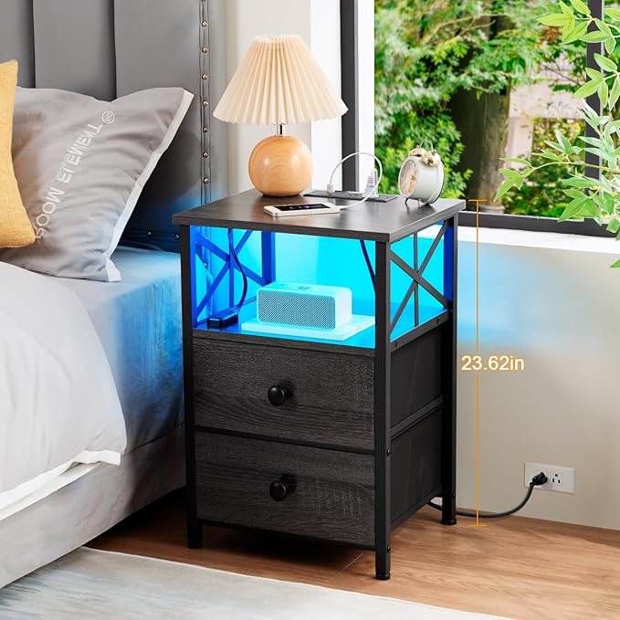 AMHANCIBLE Night Stand Set 2, LED Nightstand with Charging Station, End Tables Living Room with Fabric Drawers, Bedside Table for Bedroom, Dark Grey HET052LDG