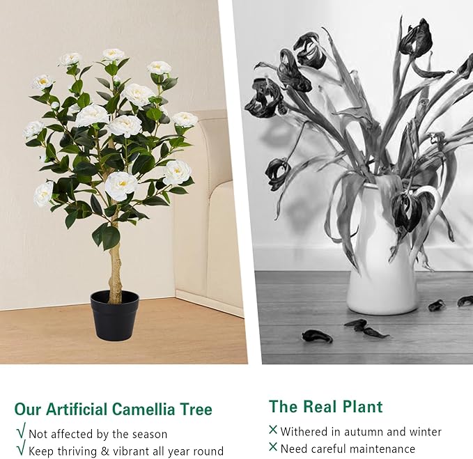 3FT Artificial Camellia Tree, 1 Pcs Fake Camellia Tree Artificial Tree, Faux Floral Plants in Cement Pot, Greenery Potted Plant for Indoor Outdoor Home Office Porch Decor (White)