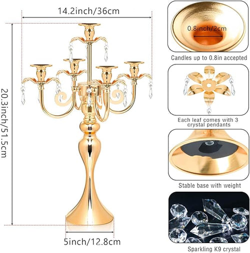 20.3'' Tall 5 Arm Gold Candelabra Centerpiece for Table, Metal &Crysyal Candle Holder, Retro Candelabra/Candlestick Table Centerpieces for Party, Events, Home, Wedding Decor (1pc, Gold)