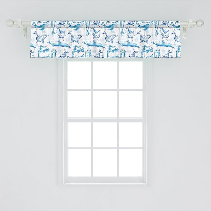 Ambesonne Sea Animals Window Valance, Sketch of Bottlenose Dolphins Playing Laughing in The Ocean Sea Life Print, Curtain Valance for Kitchen Bedroom Decor with Rod Pocket, 42" x 12", Turquoise White