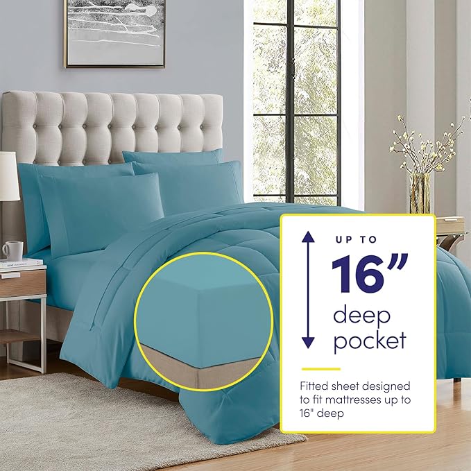 Sweet Home Collection 5 Piece Comforter Set Bag Solid Color All Season Soft Down Alternative Blanket & Luxurious Microfiber Bed Sheets, Misty Blue, Twin (Pack of 4)
