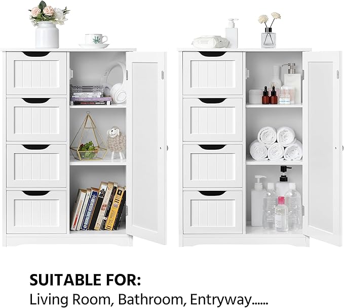 Yaheetech Wooden Floor Cabinet, Side Storage Organizer with 4 Drawers and 1 Cupboard, Freestanding Entryway Storage Unit Console Table, Bathroom Furniture Home Decor, White