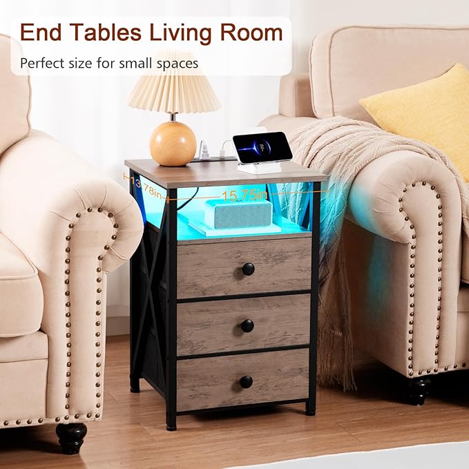 AMHANCIBLE Night Stand Set 2, LED Nightstand with Charging Station, End Side Tables with USB Port & Outlet, Bedside Table with 3 Fabric Drawers for Bedroom Living Room, Greige, HET053LGY