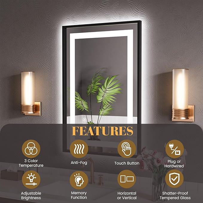 LED Bathroom Mirror,24"x32" Black Frame Led Mirror, Front Light and Backlit, Stepless Dimmable, Anti-Fog, Shatter-Proof, Memory, 3 Colors, Double LED Vanity Mirror