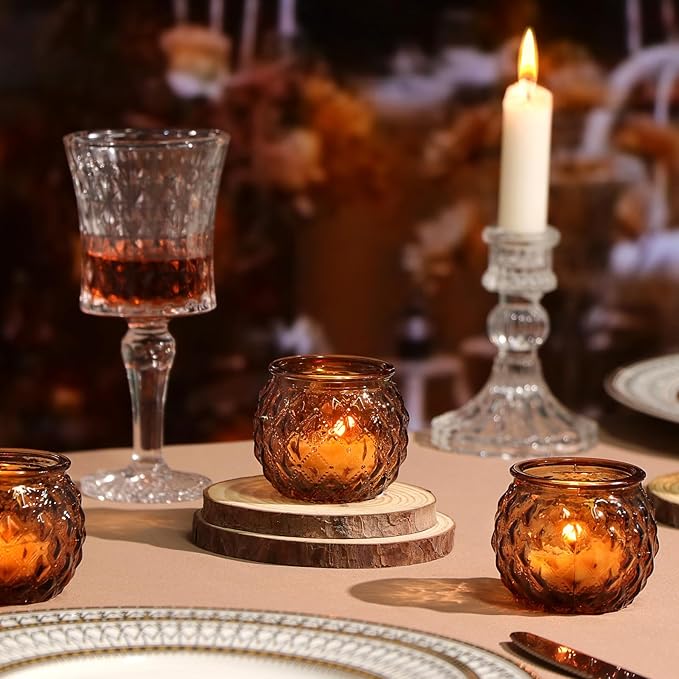 DARJEN Amber Votive Candle Holders Set of 24 - Round Glass Candle Holders for Table Centerpiece, Tea Lights for Home & Vintage Wedding Decorations