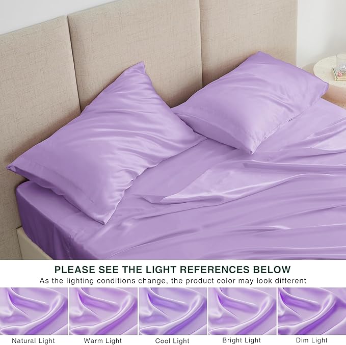 Love's cabin Twin XL Satin Sheet Sets - 3 Piece Lavender Silky Bed Sheets with Deep Pockets, Luxury Silk Feel Satin Sheet Set Twin XL (1 Flat Sheet,1 Fitted Sheet,1 Pillow case)