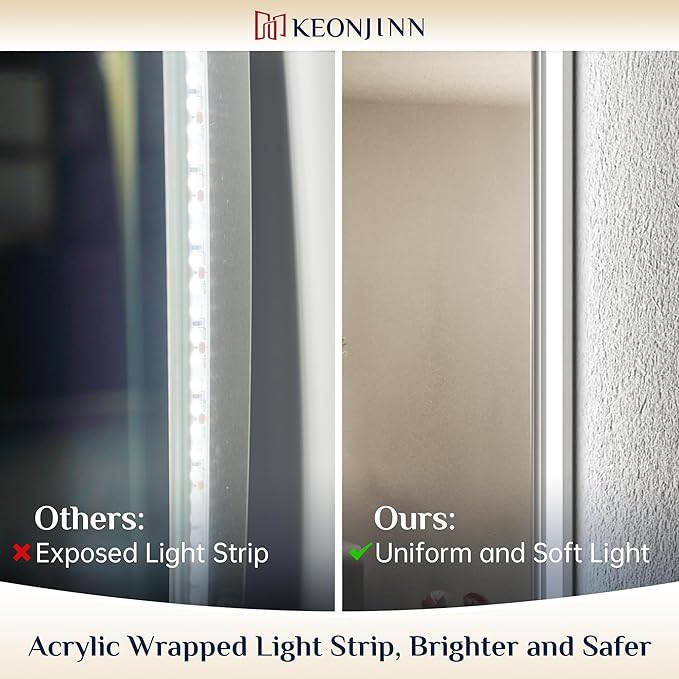 Keonjinn 24 x 36 Inch Backlit Mirror for Bathroom, Anti-Fog Led Mirror, CRI90+ HD Tempered Glass, Stepless Dimmable Lighted Mirror, High Lumen, UL Listed, Waterproof, Horizontal/Vertical