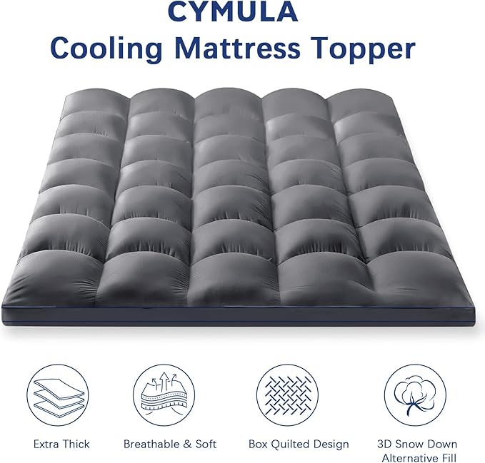 CYMULA Queen Mattress Topper, Grey Mattress Pad Bed Topper Cover, Extra Thick Pillow Top Mattress Topper with Deep Pockets, Cooling Plush Down Alternative Fill Mattress Protector