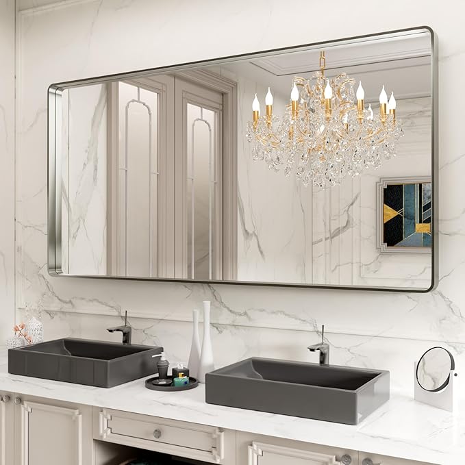 LOAAO 72X32 Inch Brushed Nickel Bathroom Mirror, Rounded Rectangle Silver Metal Frame Mirror, Brushed Nickel, Anti-Rust, Shatter Proof, Hangs Horizontally or Vertically
