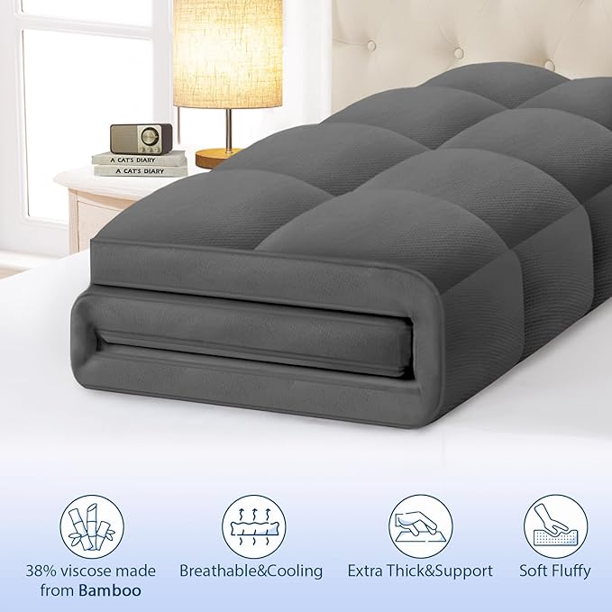 ELEMUSE California King Grey Cooling Bamboo Viscose Mattress Topper for Back Pain, Extra Thick Mattress Pad Cover, Plush Soft Pillowtop with Elastic Deep Pocket, Overfilled Down Alternative Filling