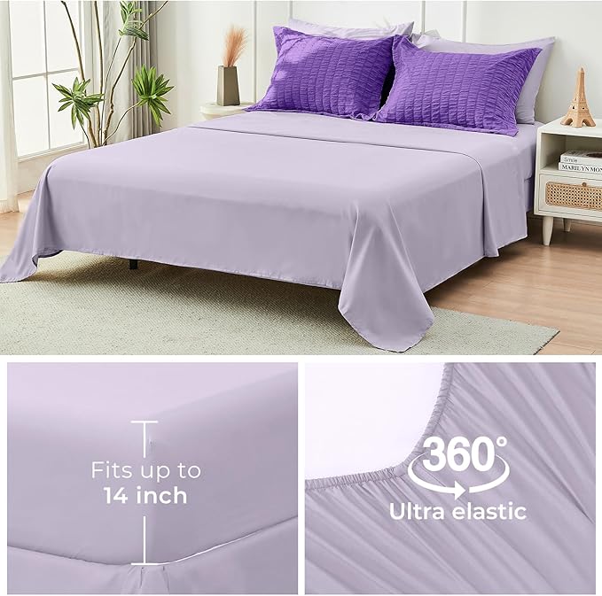HYMOKEGE Dark Purple/Lavender California King Comforter Set Seersucker 7 Pieces, All Season Luxury Bed in a Bag for Bedroom, Bedding Set with Comforter, Sheets, Pillowcases & Shams