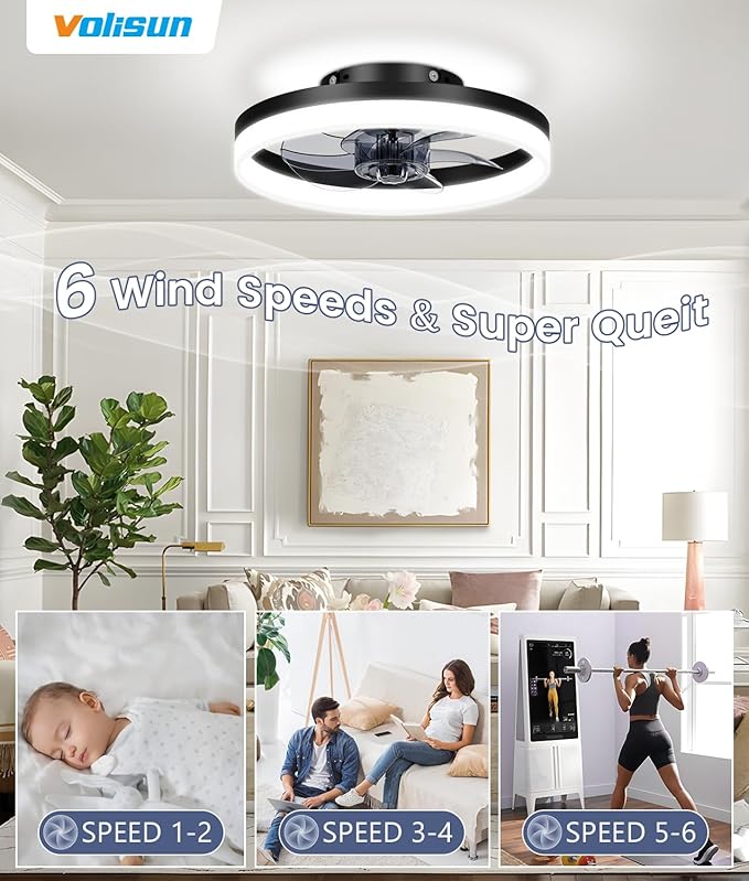 VOLISUN 13 inch Small Ceiling Fans with Lights and Remote, Low Profile Ceiling Fans with Light, 3000K-6500K Dimmable LED Ceiling Light Flush Mount, Bladeless Fandelier Ceiling Fan (Black)