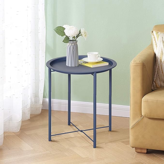 VECELO Side/End Table, Folding Round Metal Anti-Rust and Waterproof Outdoor or Indoor Tray for Living Room Bedroom Balcony and Office, 2 PCS, Blue