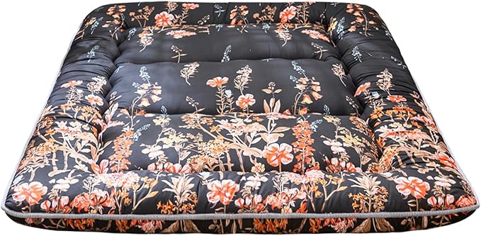 Black Floral Japanese Futon Floor Mattress, Bed Mattress Topper Portable Thick Sleeping Pad Floor Bed Roll Up Camping Mattress Folding Couch Bed Mattress Pad for Guest Room, Twin Size